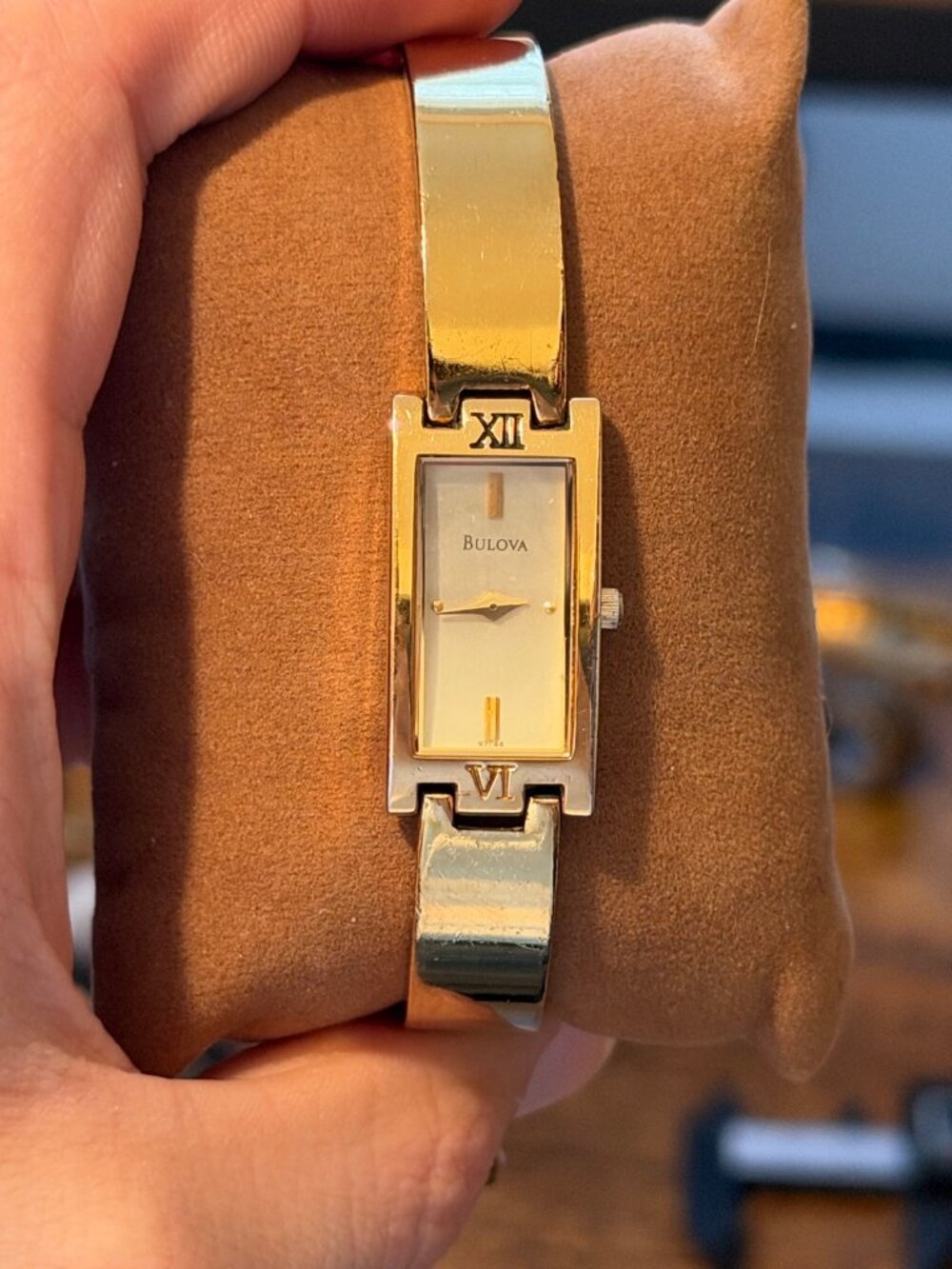 Bulova Women's Quartz Tank Watch Gold Tone White Dial Roman Numerals Bangle 1999